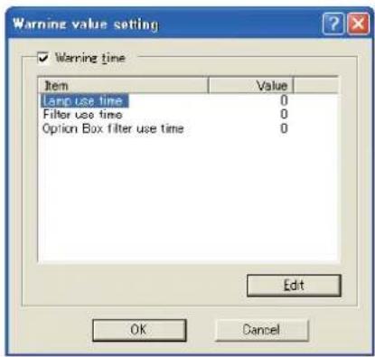 Warning value setting ✓ Warning time Item Value Large Use time 0 Filter Use time 0 Option Box Filter Use time 0 Edit OK Cancel