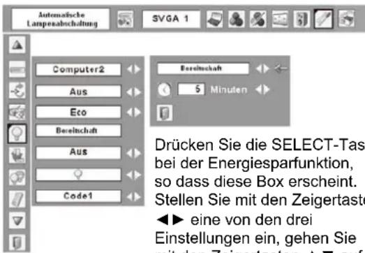Automatische Lampenabschaltung SVGA 1 Computer2 Aus Eco Bereinschaft Aus Code1 Ersichtschaft 5 Minuten Drücken Sie die SELECT-Taste bei der Energiesparfunktion, so dass diese Box erscheint. Stellen Sie mit den Zeigertaste ► eine von den drei Einstellungen ein, gehen Sie mit den Zeigertaste. A ▼ auf