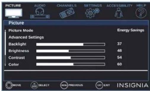 PICTURE AUDIO CHANNELS SETTINGS ACCESSIBILITY HELP Picture Picture Mode Advanced Settings Backlight 37 Brightness 48 Contrast 54 Color 60 Energy Savings INSIGNIA