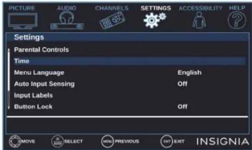 PICTURE AUDIO CHANNELS SETTINGS ACCESSIBILITY HELP Settings Parental Controls Time Menu Language English Auto Input Sensing Off Input Labels Button Lock Off INSIGNIA