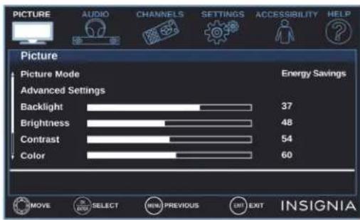 PICTURE AUDIO CHANNELS SETTINGS ACCESSIBILITY HELP Picture Picture Mode Advanced Settings Backlight 37 Brightness 48 Contrast 54 Color 60 Energy Savings IMOVE SELECT MIN PREVIOUS EXIT INSIGNIA