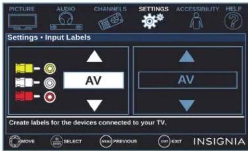 PICTURE AUDIO CHANNELS SETTINGS ACCESSIBILITY HELP Settings • Input Labels AV AV Create labels for the devices connected to your TV. MOVE SELECT MENU PREVIOUS EXIT EXIT INSIGNIA