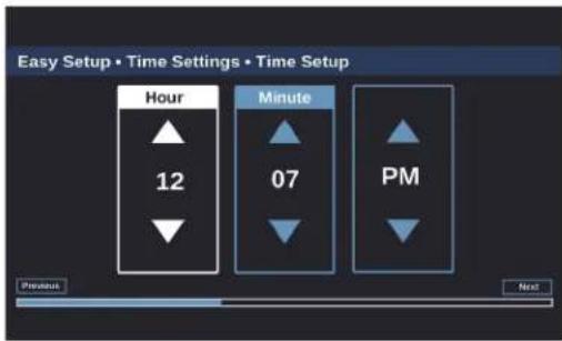 Easy Setup • Time Settings • Time Setup Hour 12 Minute 07 PM Previous Next