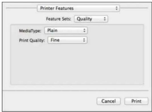 Printer Features Feature Sets: Quality MediaType: Plain Print Quality: Fine Cancel Print