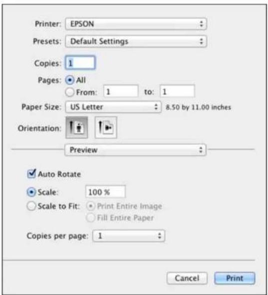 Printer: EPSON Presets: Default Settings Copies: 1 Pages: All From: 1 to: 1 Paper Size: US Letter 8.50 by 11.00 inches Orientation: Preview ✓ Auto Rotate Scale: 100 % Scale to Fit: Print Entire Image Fill Entire Paper Copies per page: 1 Cancel Print