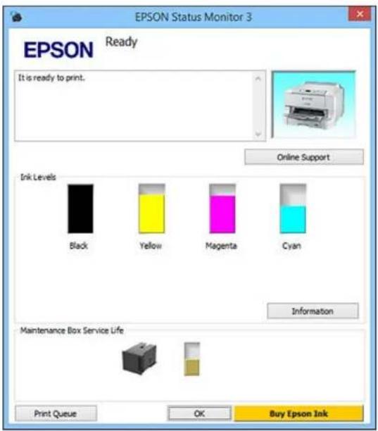 EPSON Status Monitor 3 EPSON Ready It is ready to print. Online Support Ink Levels Black Yellow Magenta Cyan Information Maintenance Box Service Life Print Queue OK Buy Epson Ink