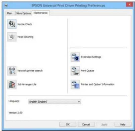 EPSON Universal Print Driver Printing Preferences Main More Options Maintenance Nzzle Check Head Cleaning Network printer search Job Arranger Lite Extended Settings Print Queue Printer and Option Information Language English (English) Version 2.60 OK Cancel Apply Help