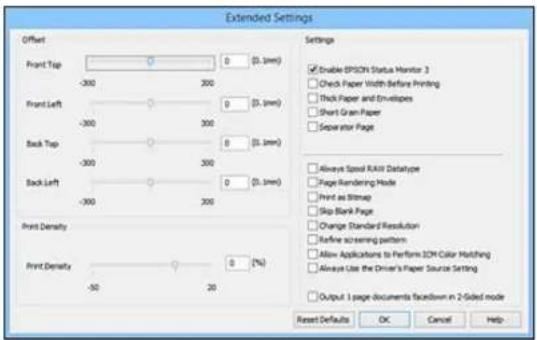 Extended Settings Offset Front Top -300 0 (5.0 mm) 300 Front Left -300 0 (5.0 mm) 300 Back Top -300 0 (5.0 mm) 300 Back Left -300 0 (5.0 mm) 300 Front Density -50 -20 0 (%) Settings ■ Enable EP/CH Status Monitor 3 □ Check Paper Width Before Printing □ Thick Paper and Envelopes □ Short Gran Paper □ Separator Page □ Always Speed RAW Datatype □ Page Rendering Mode □ Print as Bitmap □ Skip Blank Page □ Change Standard Resolution □ Refine screening pattern □ Allow Applications to Perform ICH Color Matching □ Always Use the Driver's Paper Source Setting □ Output 1 page documents facedown in 2-sided mode Reset Defaults OK Cancel Help