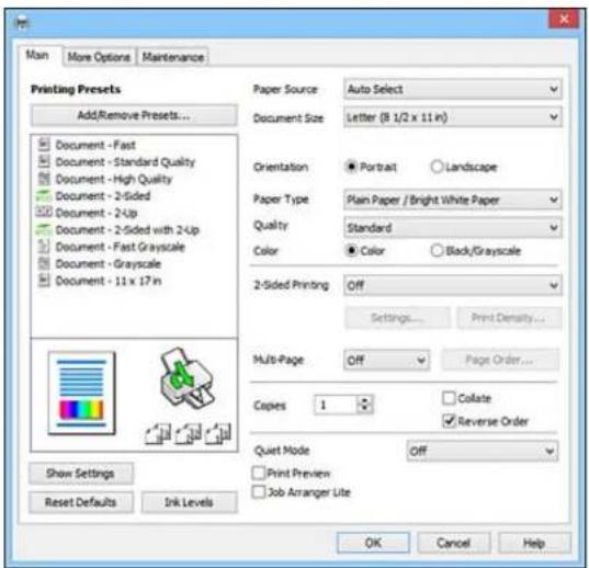 Main More Options Maintenance Printing Presets Add/Remove Presets... Document - Fast Document - Standard Quality Document - High Quality Document - 2-Sided Document - 2-Up Document - 2-Sided with 2-Up Document - Fast Grayscale Document - Grayscale Document - 11 x 17 in Show Settings Reset Defaults Ink Levels Paper Source Auto Select Document Size Letter (B 1/2 x 11 in) Orientation Portrait Landscape Paper Type Plain Paper / Bright White Paper Quality Standard Color Color Black/Grayscale 2-Sided Printing Off Settings... Print Density... Multi-Page Off Page Order... Copies 1 Collate Reverse Order Quiet Mode Off Print Preview Job Arranger Lite OK Cancel Help