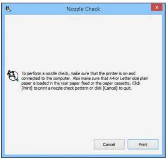 Nozzle Check To perform a nozzle check, make sure that the printer is on and connected to the computer. Also make sure that A4 or Letter size plain paper is loaded in the rear paper feed or the paper cassette. Click [Print] to print a nozzle check pattern or click [Cancel] to quit. Cancel Print