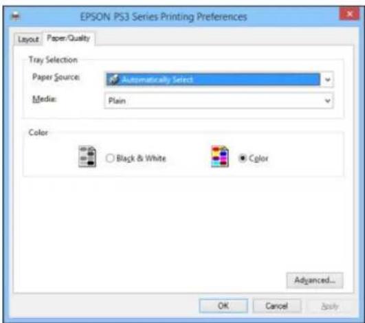 EPSON PS3 Series Printing Preferences Layout Paper Quality Tray Selection Paper Source: Automatically Select Media: Plain Color Black & White Color Advanced... OK Cancel Apply
