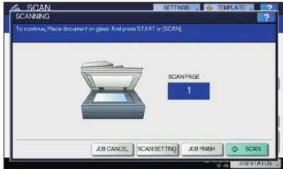 OKI MC780f+ - If the screen below appears, place another original on the document glass and press [SCAN] or the [START] button to continue scanning. To finish the job, press [JOB FINISH], followed by the [RESET] button. - 1