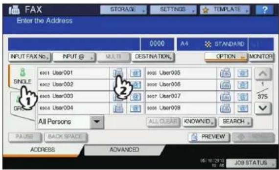 OKI MC780f+ - Press [SINGLE] tab to display the list of the addresses, and then press the recipient's FAX icon ( ) - 1