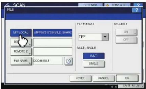 OKI MC780f+ - Make sure that [MFP LOCAL] is selected and highlighted. - 1