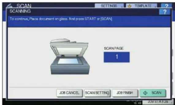 OKI MC780f+ - If the screen below appears, place another original on the document glass and press [SCAN] or the [START] button to continue scanning. To finish the job, press [JOB FINISH], followed by the [RESET] button. - 1