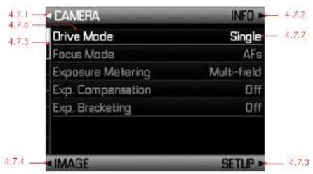 CAMERA INFO Drive Mode Single Focus Mode AFs Exposure Metering Mult-field Exp. Compensation Off Exp. Bracketing Off IMAGE SETUP