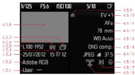 1/125 F5.6 ISO 100 5/10 CF 4.5.8 m EV+1 4.5.7 AFs 4.5.6 70 mm 4.5.6 WB Auto 4.5.6 DNG comp. 4.5.4 JPEG 37.5 4.5.3 25/01/2012 15:17:12 4.5.2 Adobe RGB 4.5.1 User: — 4.5.9 4.5.10 4.5.11 4.5.12 4.5.13 4.5.14 4.5.15 4.5.16 4.5.17 4.5.18