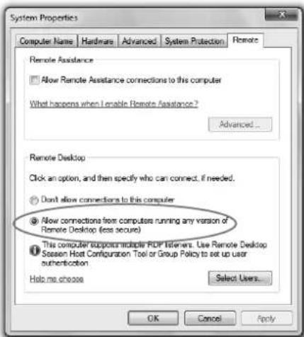 System Properties Computer Name Hardware Advanced System Protection Remote Remote Assistance Allow Remote Assistance connections to this computer What happens when I enable Remote Assistance? Advanced... Remote Desktop Click an option, and then specify who can connect. if needed. Don't allow connections to this computer Allow connections from computers running any version of Remote Desktop (less secure) This computer supports multiple RDP listeners. Use Remote Desktop Session Host Configuration Tool or Group Policy to set up user authentication Help me choose Select Users... OK Cancel Apply