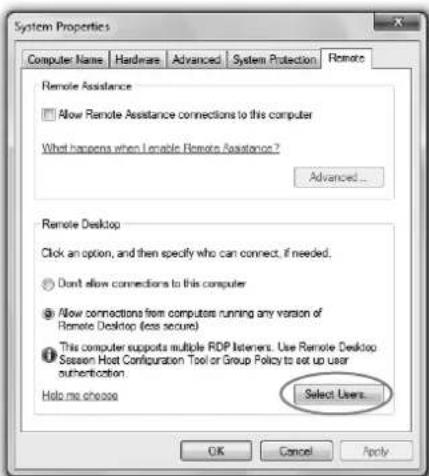 System Properties Computer Name Hardware Advanced System Protection Remote Remote Assistance Allow Remote Assistance connections to this computer What happens when I enable Remote Assistance? Advanced... Remote Desktop Click an option, and then specify who can connect, if needed, Don't allow connections to this computer Allow connections from computers running any version of Remote Desktop (less secure) This computer supports multiple RDP Listeners. Use Remote Desktop Session Host Configuration Tool or Group Policy to set up user authentication. Help me choose Select Users OK Cancel Apply