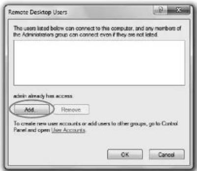 Remote Desktop Users The users listed below can connect to the computer, and any members of the Administrators group can connect even if they are not listed. admin already has access Add... Remove To create new user accounts or add users to other groups, go to Control Panel and open User Accounts OK Cancel