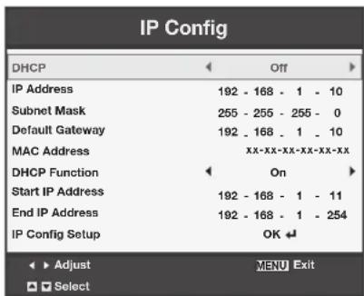 IP Config DHCP Off IP Address 192 - 168 - 1 - 10 Subnet Mask 255 - 255 - 255 - 0 Default Gateway 192 - 168 - 1 - 10 MAC Address xx-xx-xx-xx-xx-xx-xx DHCP Function On Start IP Address 192 - 168 - 1 - 11 End IP Address 192 - 168 - 1 - 254 IP Config Setup OK Adjust MENU Exit Select