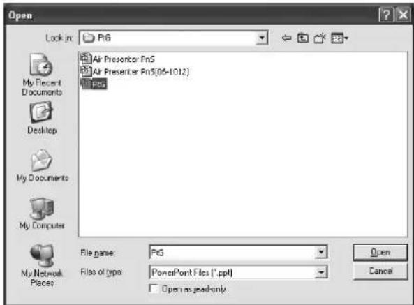 Open Lock in: P6 Air Presenzer Fn5 Air Presenzer Fn5(06-1012) P6 My Recent Documents Desktop My Documents My Computer My Network Places File name: P6 Files of type: PowerPoint Files (*.ppt) Open as jeashonly Open Cancel