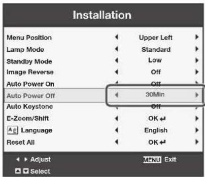 Installation Menu Position Lamp Mode Standby Mode Image Reverse Auto Power On Auto Power Off Auto Keystone E-Zoom/Shift Language Reset All Adjust Select Upper Left Standard Low Off 30Min Off OK English OK MENU Exit
