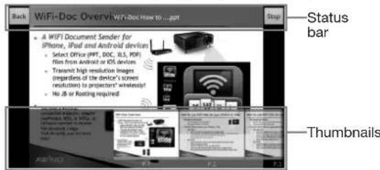 Back WiFi-Doc OverviWiFi-Doc How to ...ppt Stop Status bar A WIFI Document Sender for iPhone, iPad and Android devices Select Office (PPT, DOC, XLS, PDF) files from Android or iOS devices Transmit high resolution images (regardless of the device's screen resolution to projectors' wireless! No Jb or Rooting required Thumbnail