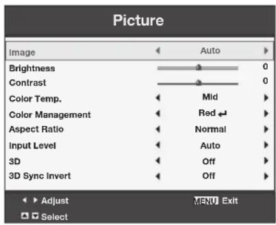 Picture Image Auto Brightness 0 Contrast 0 Color Temp. Mid Color Management Red Aspect Ratio Normal Input Level Auto 3D Off 3D Sync Invert Off Adjust MENU Exit Select