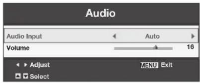 Audio Audio Input Auto Volume 16 Adjust MENU Exit Select