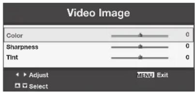 Video Image Color 0 Sharpness 0 Tint 0 Adjust MENU Exit Select