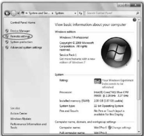 Control Panel Home Device Manager Remote settings System protection Advanced system settings View basic information about your computer Windows edition Windows 7 Professional Copyright © 2009 Microsoft Corporation. All rights reserved. Service Pack 1 Get more features with a new edition of Windows 7 System Rating: 3.0 Your Windows Experience Index needs to be refreshed Processon: Init(R) Core(TM)2 Due CPU PB400 @ 2.26GHz, 2.27 GHz Installed memory (RAM): 2.00 GB [1.87 GB usable] System type: 22-bit Operating System Pen and Touch: No Pen or Touch Input is available for this Display Computer name, domain, and workgroup settings Computer name: Win7Pro-E Change settings Full computer name: Win7Pro-E