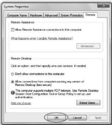 System Properties Computer Name Hardware Advanced System Protection Remote Remote Assistance Allow Remote Assistance connections to this computer What happens when I enable Remote Assistance? Advanced... Remote Desktop Click an option, and then specify who can connect. if needed. Don't allow connections to this computer Allow connections from computers running any version of Remote Desktop (less secure) This computer supports multiple RDP listeners. Use Remote Desktop Season Host Configuration Tool or Group Policy to set up user authentication Help me choose Select Users... OK Cancel Apply