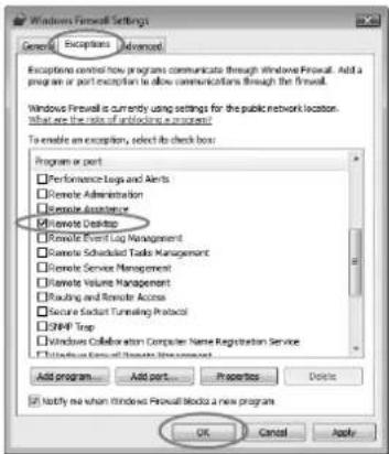 Windows Firewall Settings General Exceptions Advanced Exceptions control how programs communicate through Windows Firewall. Add a program or port exception to allow communications through the firewall. Windows Firewall is currently using settings for the public network location. What are the role of unlocking an option To enable an exception, select its check box: Program or port Performance Logs and Ants Remote Administration Remote Assistance Remote Desktop Remote Event Log Management Remote Schuldard Tools Management Remote Service Management Remote Volume Management Routing and Remote Access Secure Sodian Tunneling Protocol SNMP Trap Windows Collaboration Computer Name Registration Service Remove Email Programs Add program... Add port... Properties... Delete Modify we when Windows Firewall blocks a new program OK Cancel Apply