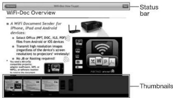 WiFi-Doc Overview ■ A WIFI Document Sender for iPhone, iPad and Android devices: Select Office (PPT, DOC, XLS, PDF) files from Android or iOS devices Transmit high resolution images (regardless of the device's screen resolution) to projectors' wirelessly! No J/B or Booting required! * You want a WiFi compatible projector, adapter broadband, WiFi, or WiFiG, or software receiver to secure the document. Status bar AHFINDA ACCESS Thumbnails