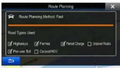 Route Planning Route Planning Method: Fast Road Types Used Highways Farries Period Charge Unpaved Roads Per-use Toll Carpool/HOV