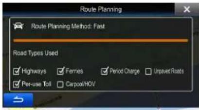Route Planning Route Planning Method: Fast Road Types Used Highways Ferries Period Charge Unpaved Roads Per-use Toll Carpool/HOV