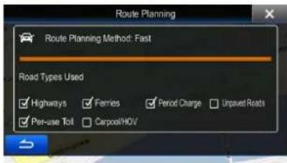 Route Planning Route Planning Method: Fast Road Types Used Highways Ferries Period Charge Unpaved Roats Per-use Toll Carpool/HOV