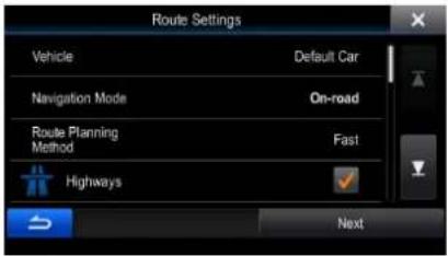 Route Settings Vehicle Default Car Navigation Mode On-road Route Planning Method Fast Highways Next