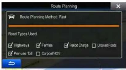 Route Planning Route Planning Method: Fast Road Types Used Highways Ferries Period Charge Unsaved Roats Per-use Toll Carpool/HOV