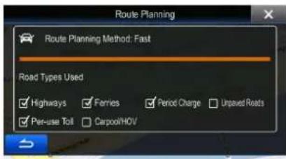 Route Planning Route Planning Method: Fast Road Types Used Highways Farries Period Charge Unpaved Roads Per-use Toll Carpool/HOV