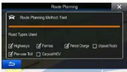 Route Planning Route Planning Method: Fast Road Types Used Highways Ferries Period Charge Unpaved Roads Per-use Toll Carpool/HOV