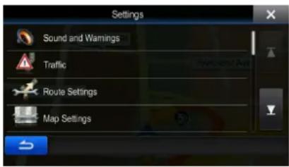 Settings Sound and Warnings Traffic Route Settings Map Settings