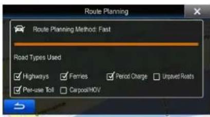 Route Planning Route Planning Method: Fast Road Types Used Highways Ferries Period Charge Unpaved Roads Per-use Toll Carpool/HOV