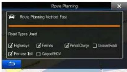 Route Planning Route Planning Method: Fast Road Types Used Highways Ferries Period Charge Unpaved Roads Per-use Toll Carpool/HOV