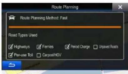 Route Planning Route Planning Method: Fast Road Types Used Highways Ferries Period Charge Unpaved Roads Per-use Toll Carpool/HOV