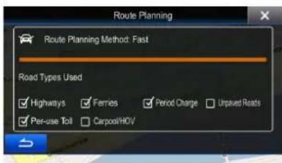 Route Planning Route Planning Method: Fast Road Types Used Highways Ferries Period Charge Unpaved Roads Per-use Toll Carpool/HOV