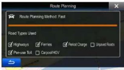 Route Planning Route Planning Method: Fast Road Types Used Highways Ferries Period Charge Unpaved Roads Par-use Toll Carpool/HOV