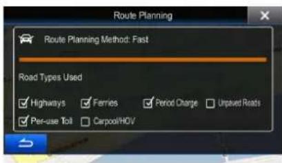 Route Planning Route Planning Method: Fast Road Types Used Highways Farries Period Charge Unpaved Roads Per-use Toll Carpool/HOV
