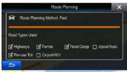 Route Planning Route Planning Method: Fast Road Types Used Highways Ferries Period Charge Unpaved Roads Per-use Toll CarpoolHOV
